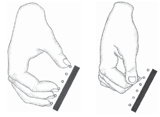 The fingers prepare to play a chord (left). The fingers after the chord has been played (right).