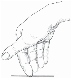 The finger is angled to engage less of the nail.